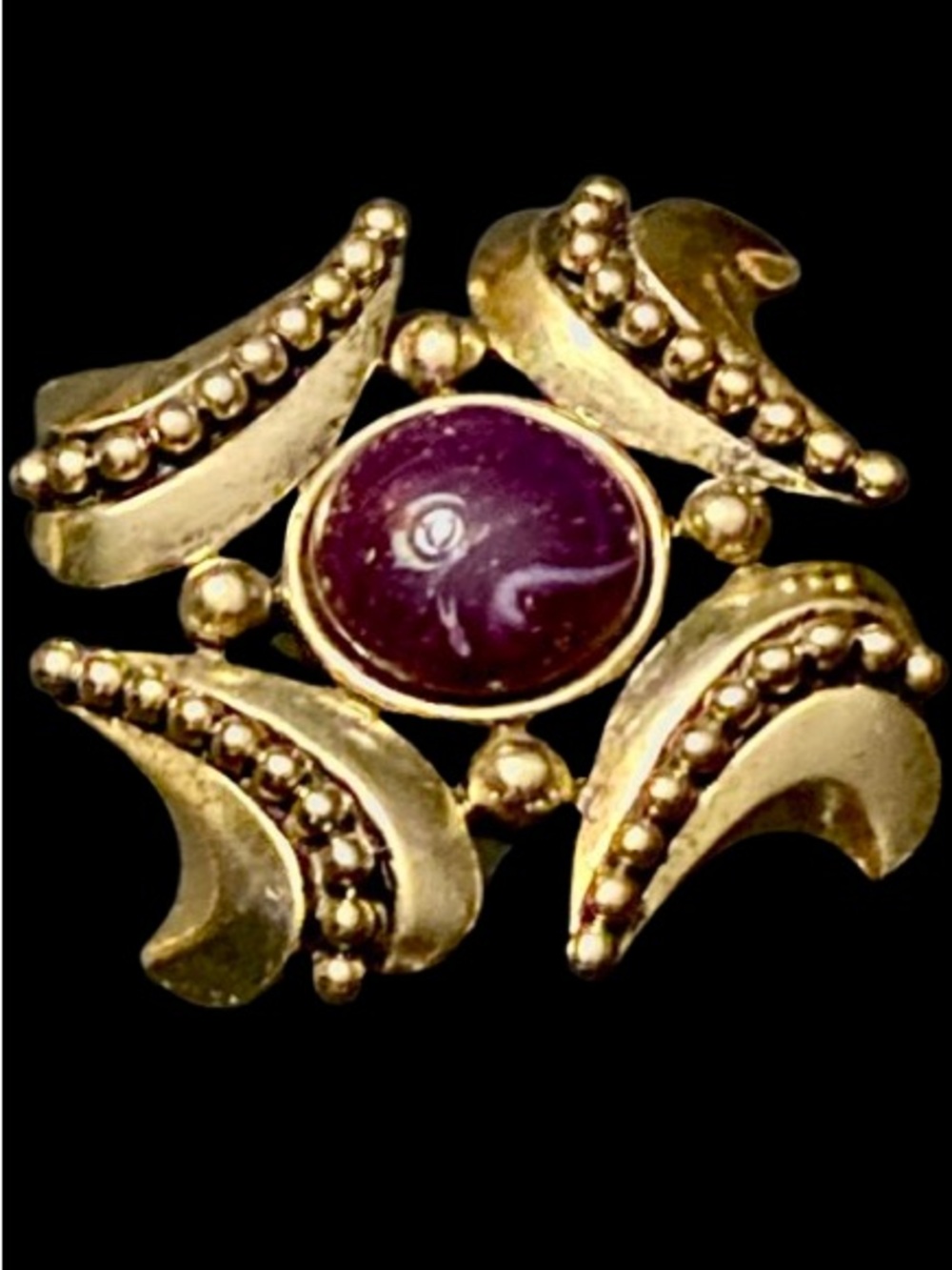 Vintage Carol Dauplaise Maltese Cross Brooch Gold Tone With Purple Cabochon